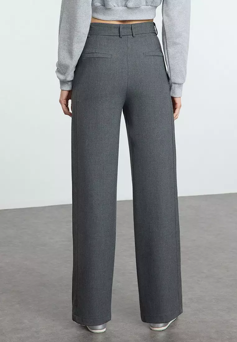 Grey Wide Leg Pleated Woven Trousers