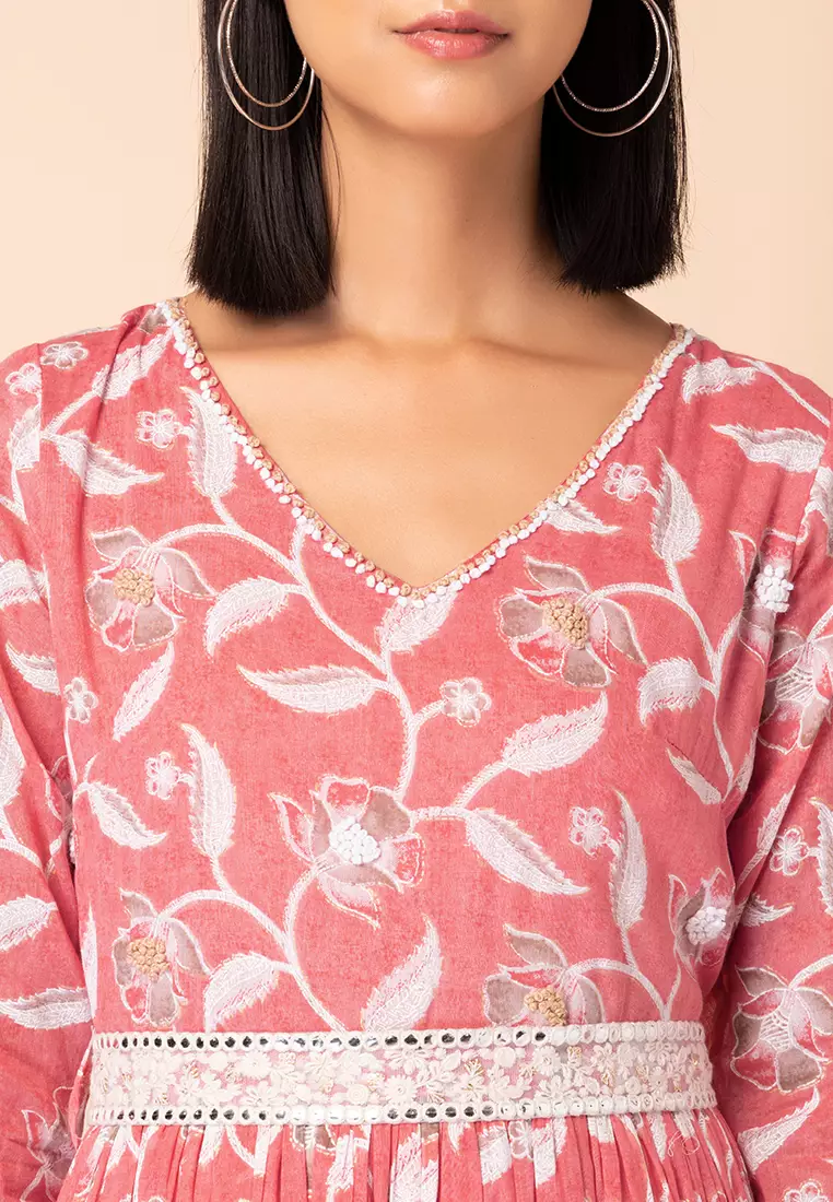 Peach Floral Print Embroidered Mulmul Jumpsuit