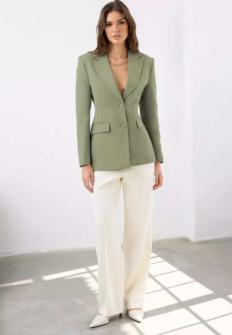 Light Khaki Fitted/Waist-Fitted Woven Blazer Jacket Twoaw26Bc