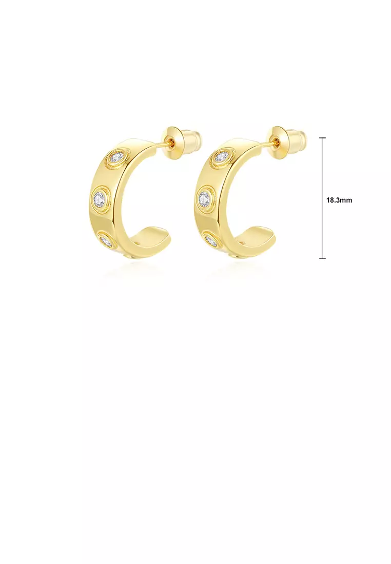 Simple and Fashion Plated Gold C-shaped Geometric Stud Earrings with Cubic Zirconia