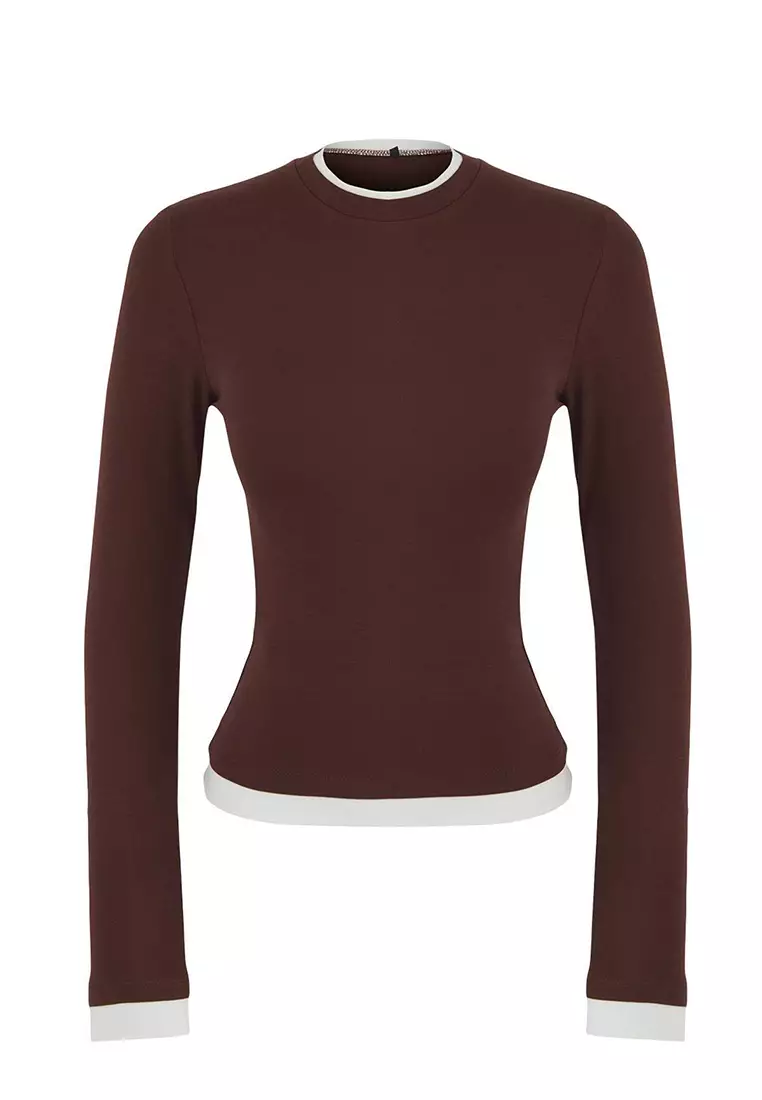 Brown Color Block Fitted/Body-Smoothing Viscose/Soft Fabric Flexible Knitted Blouse