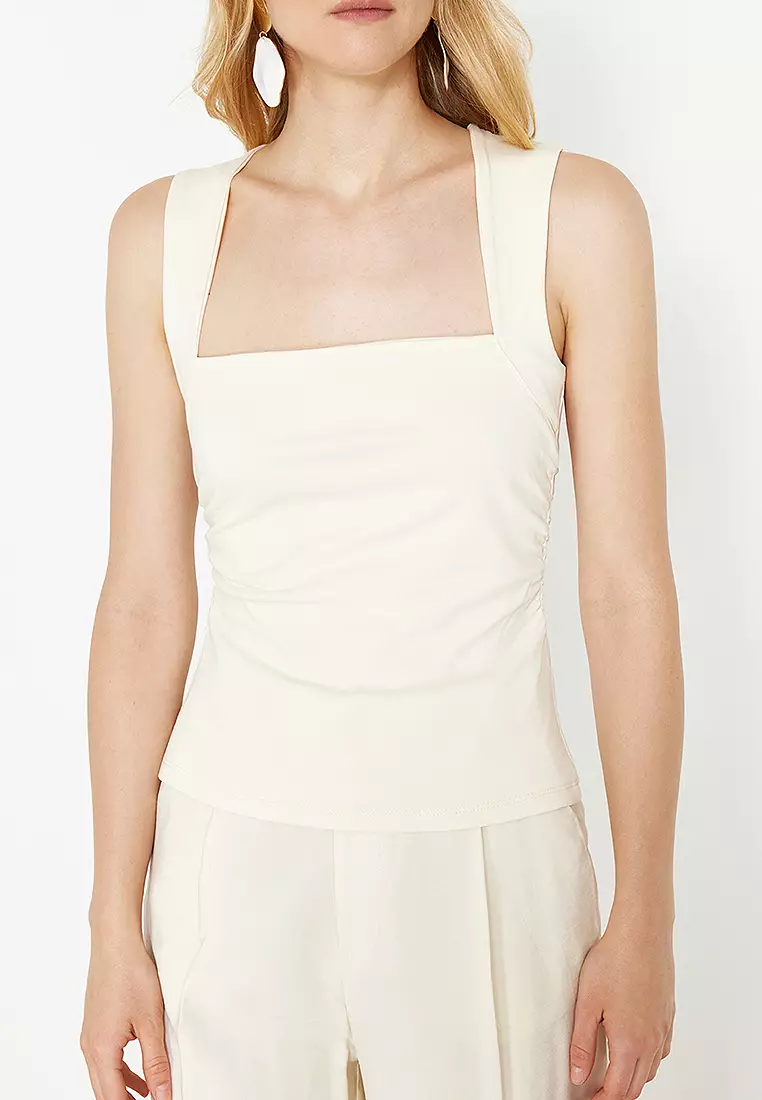 Stone Plain Square Neck Strappy Gathered Fitted Flexible Knitted Blouse