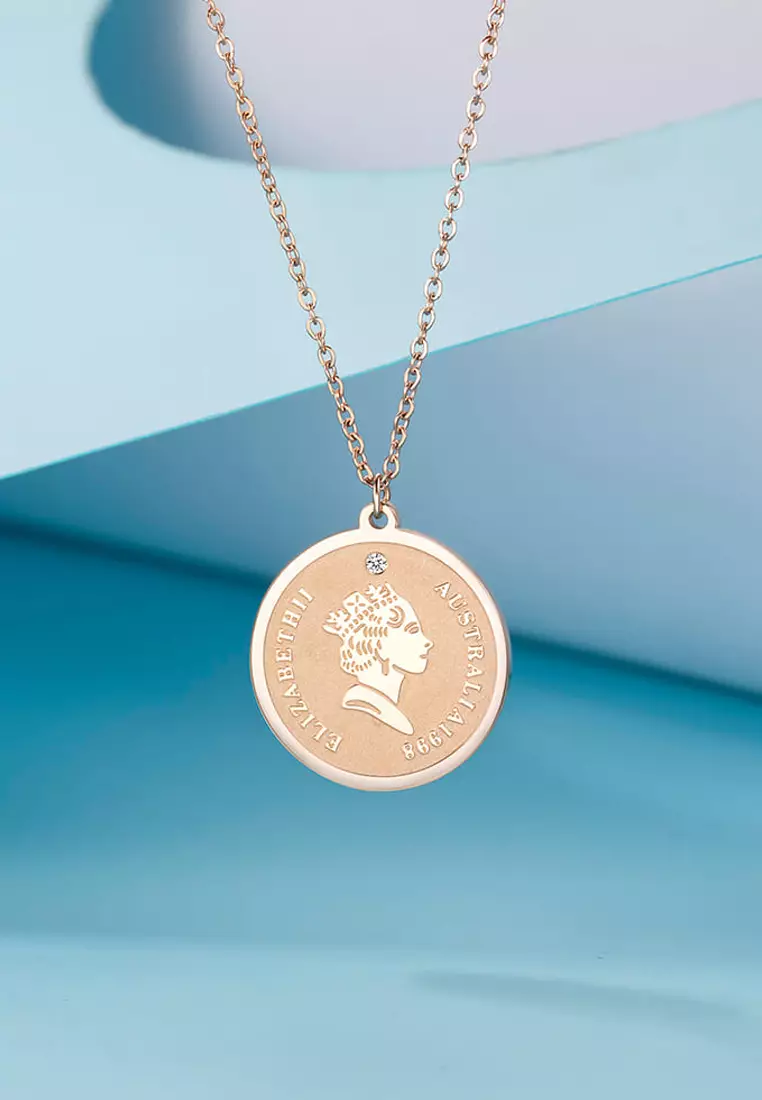 Queen E Medallion Necklace in Rose Gold Plated Titanium with Genuine 0.005ct Diamond