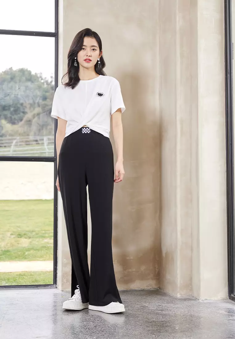 High Waist Cotton Pants with Slit Hem