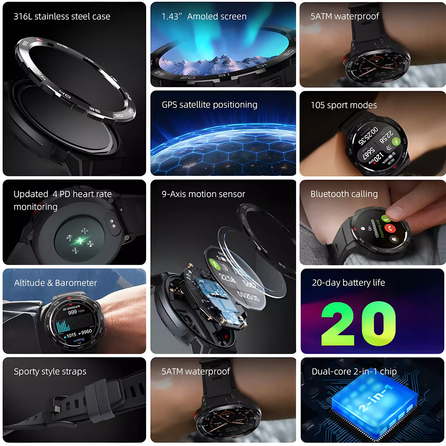 Mibro GS Pro - Smart Watch GPS Outdoor Sport - HD Bluetooth Call - 1.43” Amoled screen - 105 Sports Modes - Stainless