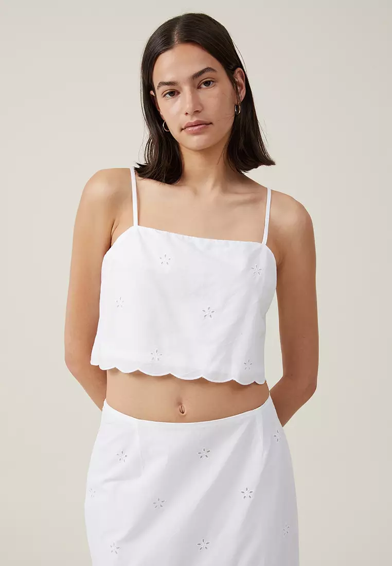 White Contrast Binding Strappy Crop Cami