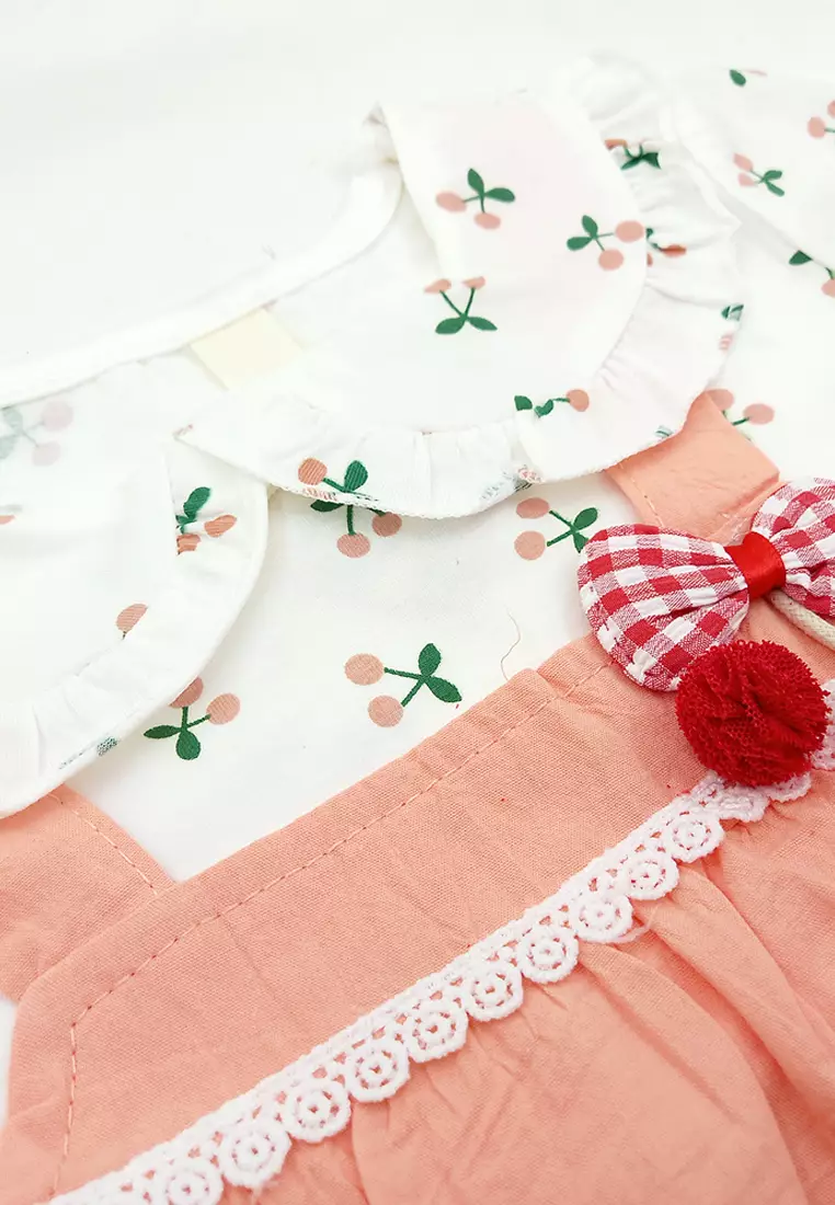 Dress Bayi Anak Perempuan Lengan Pendek Cherry Pom Pom Peterpan Collar Korean Style Import 4339 Venrz Pink