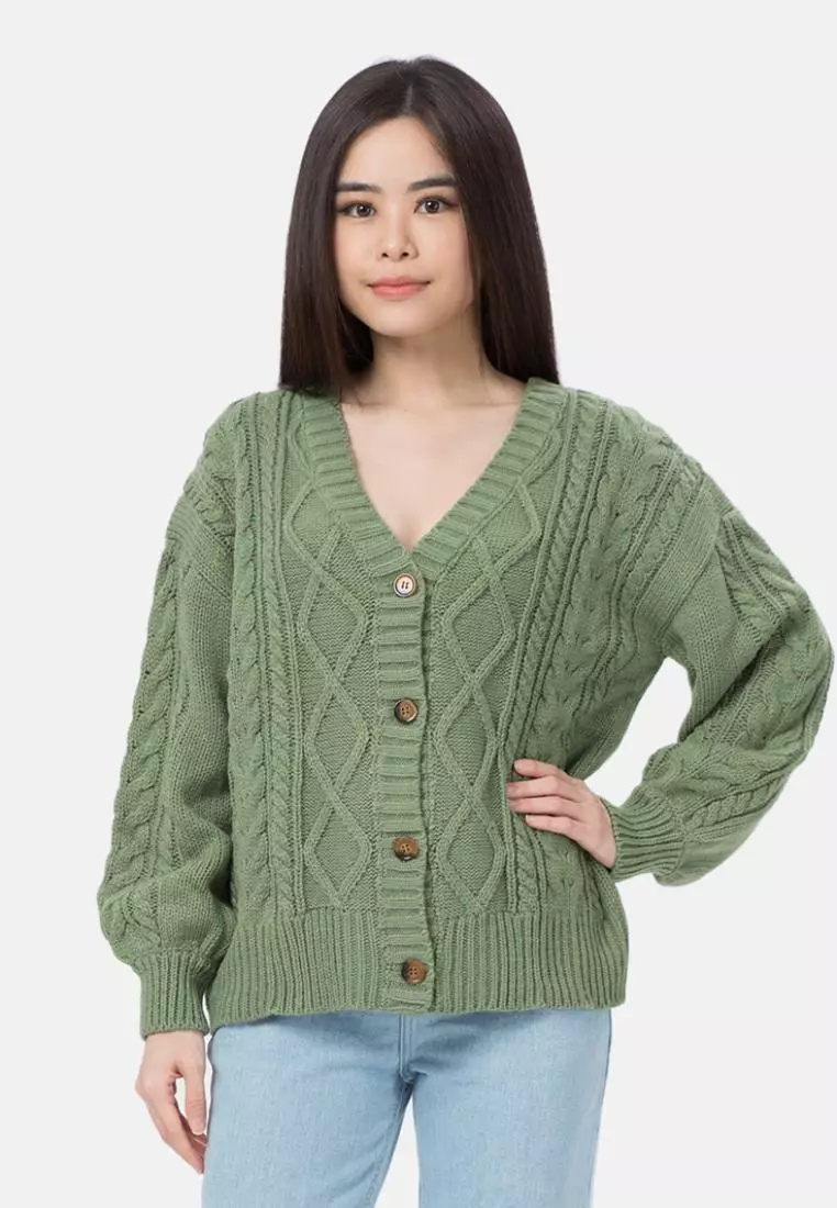 Cable Knit Cardigan in Green