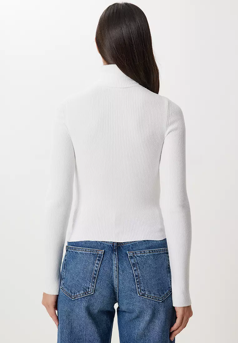 Women's White Turtleneck Stretchy Ribbed Sweater Ns00460