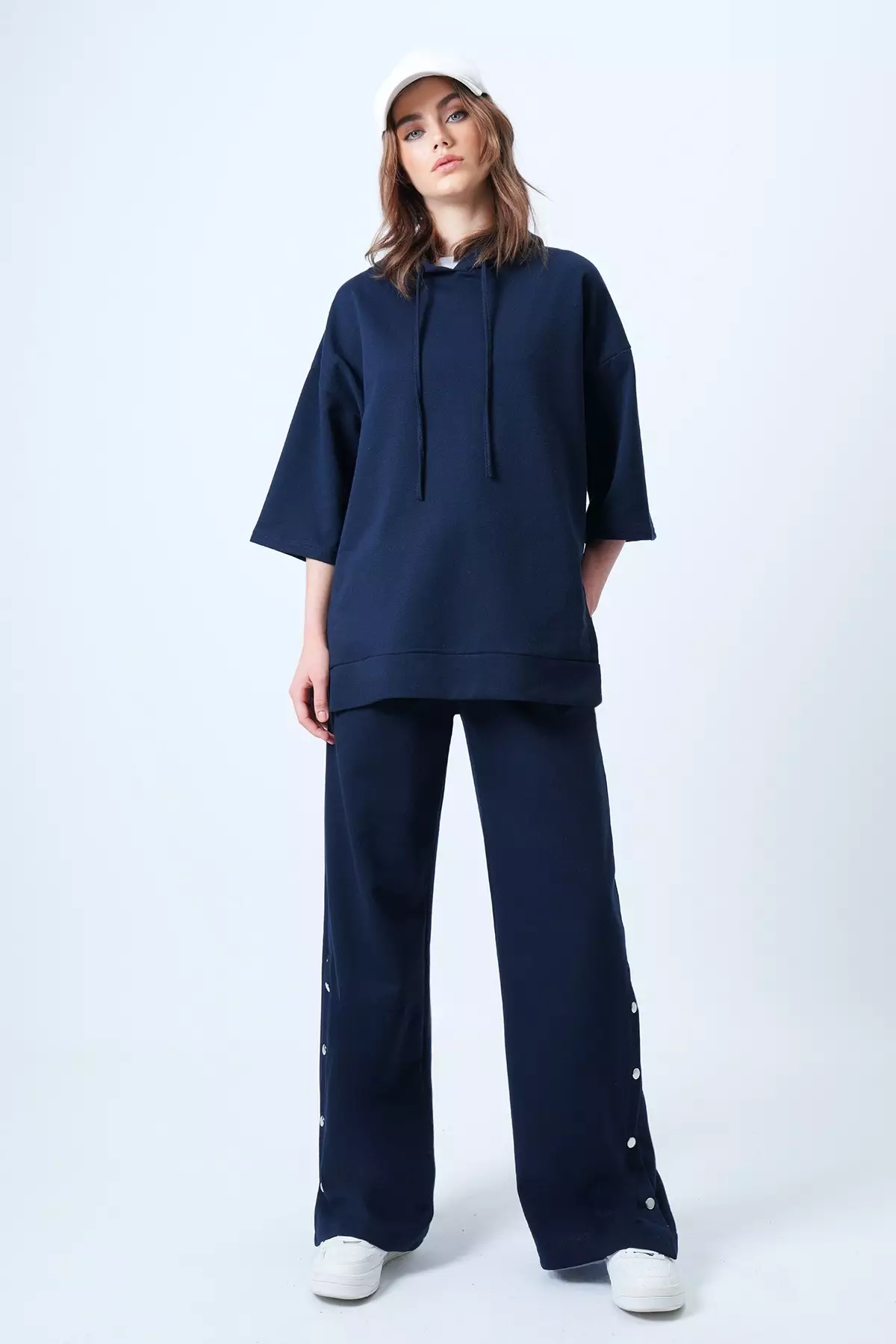 Navy Blue Hooded Sweatshirt With Side Slits And Wide-Legged Trousers Set Alc-X14607