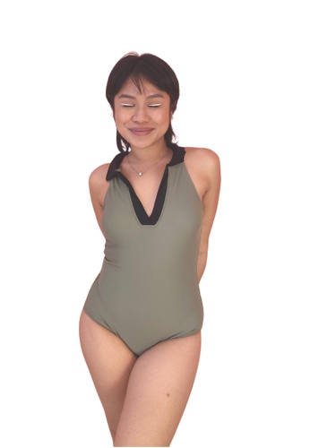 PINK N' PROPER green Taylor Collar V neck Swimsuit in Army Green BC3B1US8E6D779GS_1