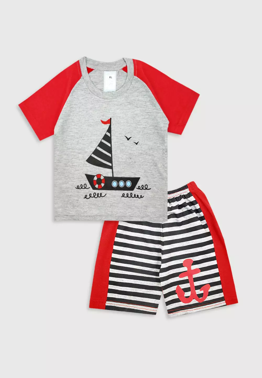 Wakakids Baju Bayi Anak Laki Laki Lengan Pendek Motif Sail Boat Setelan Celana Kaos Usia 12 Bulan Hingga 18 Bulan 3462 Merah