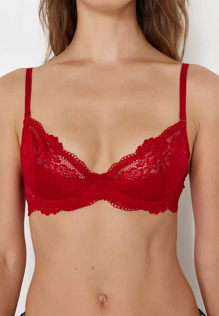 Burgundy Laced Rope Strap Demi Non-Padded Cupped Knitted Bra THMSS24SU00030