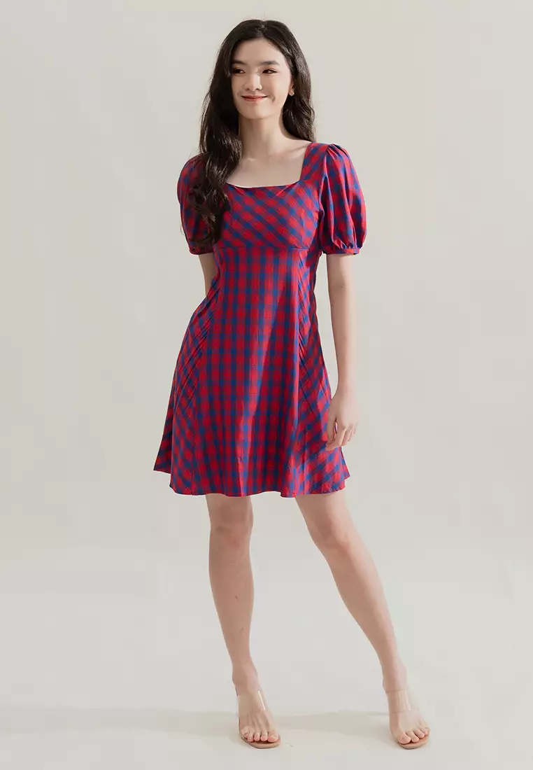 Buy Plain B. Plain B. Square Neckline Plaid Mini Dinner Dress Red ...