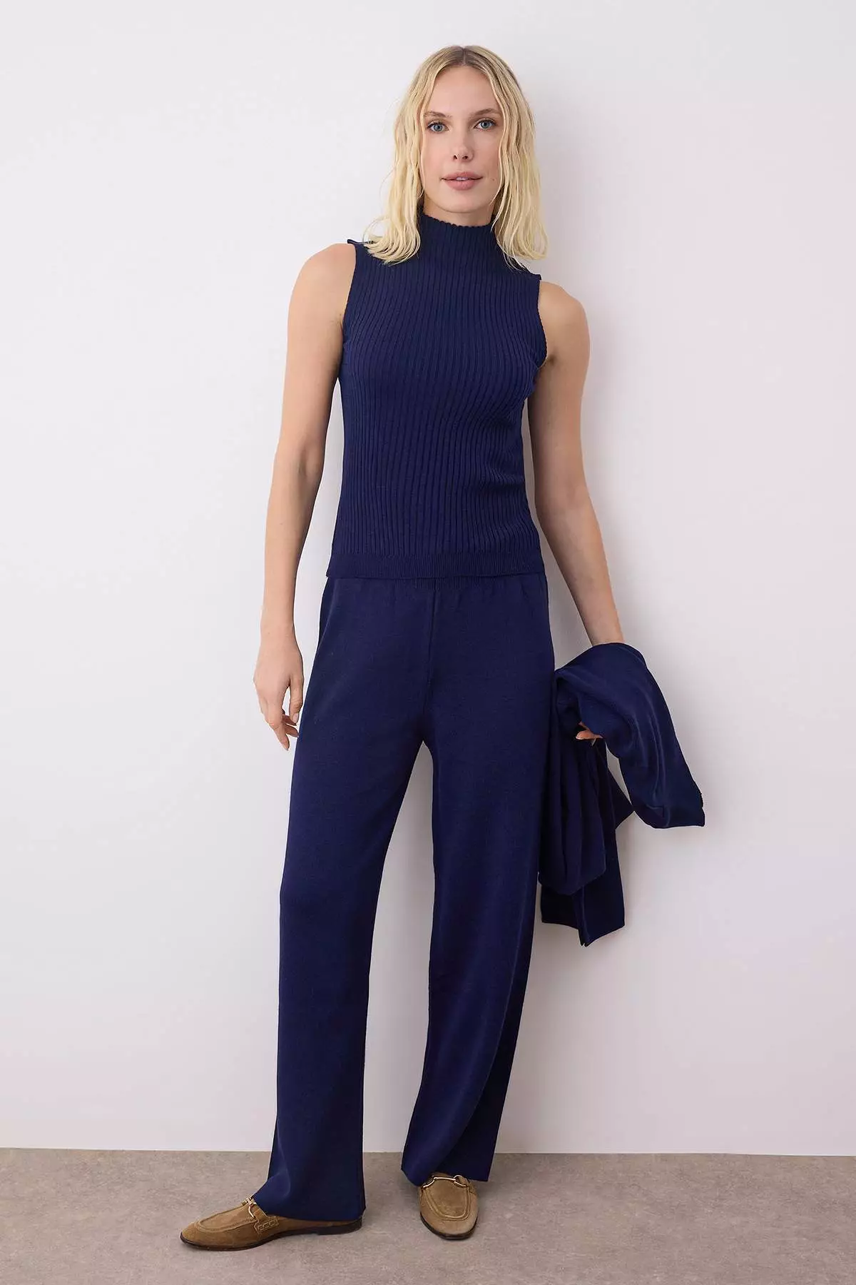 Navy Blue Accessory Detail 3-Piece Cardigan-Blouse-Trousers Knit Set