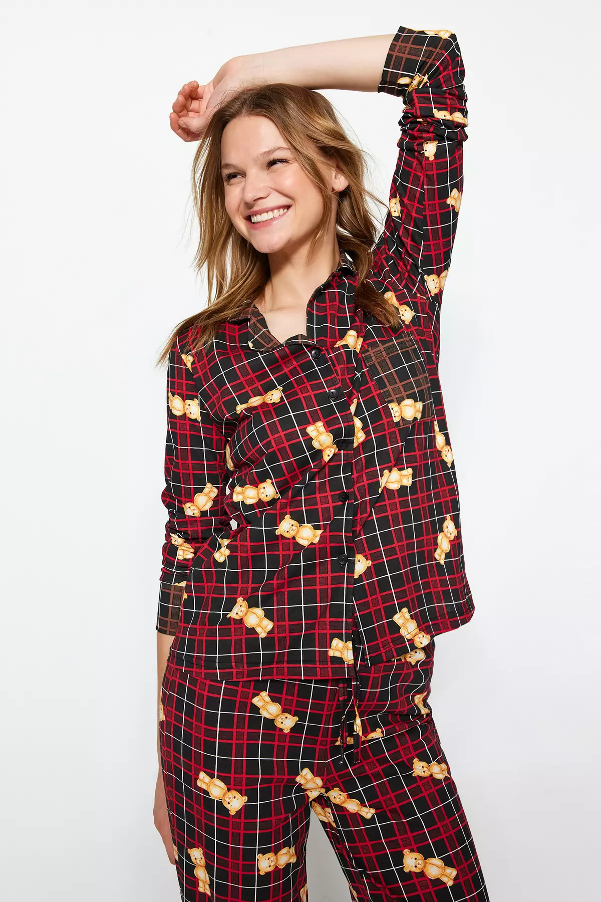 Multicolor 100% Cotton Teddy Bear Plaid Shirt-Pants Knitted Pajama Set