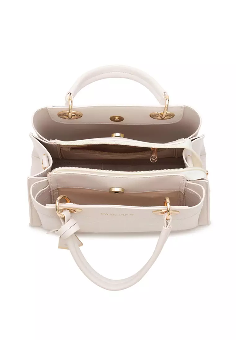 Women's Zig Zag Quilted Top Handle Bag / Crossbody Bag / Shoulder Bag - White