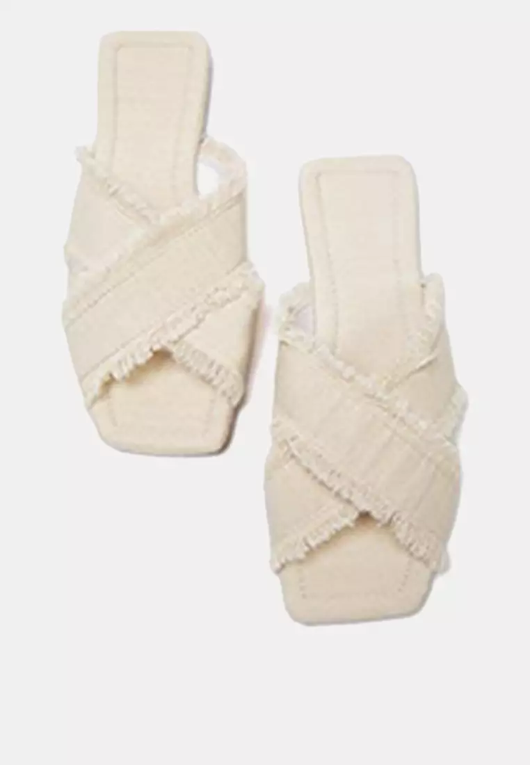 Ecru Tassel Detailed Denim Cross Strap Women's Slippers Takss25Te00043