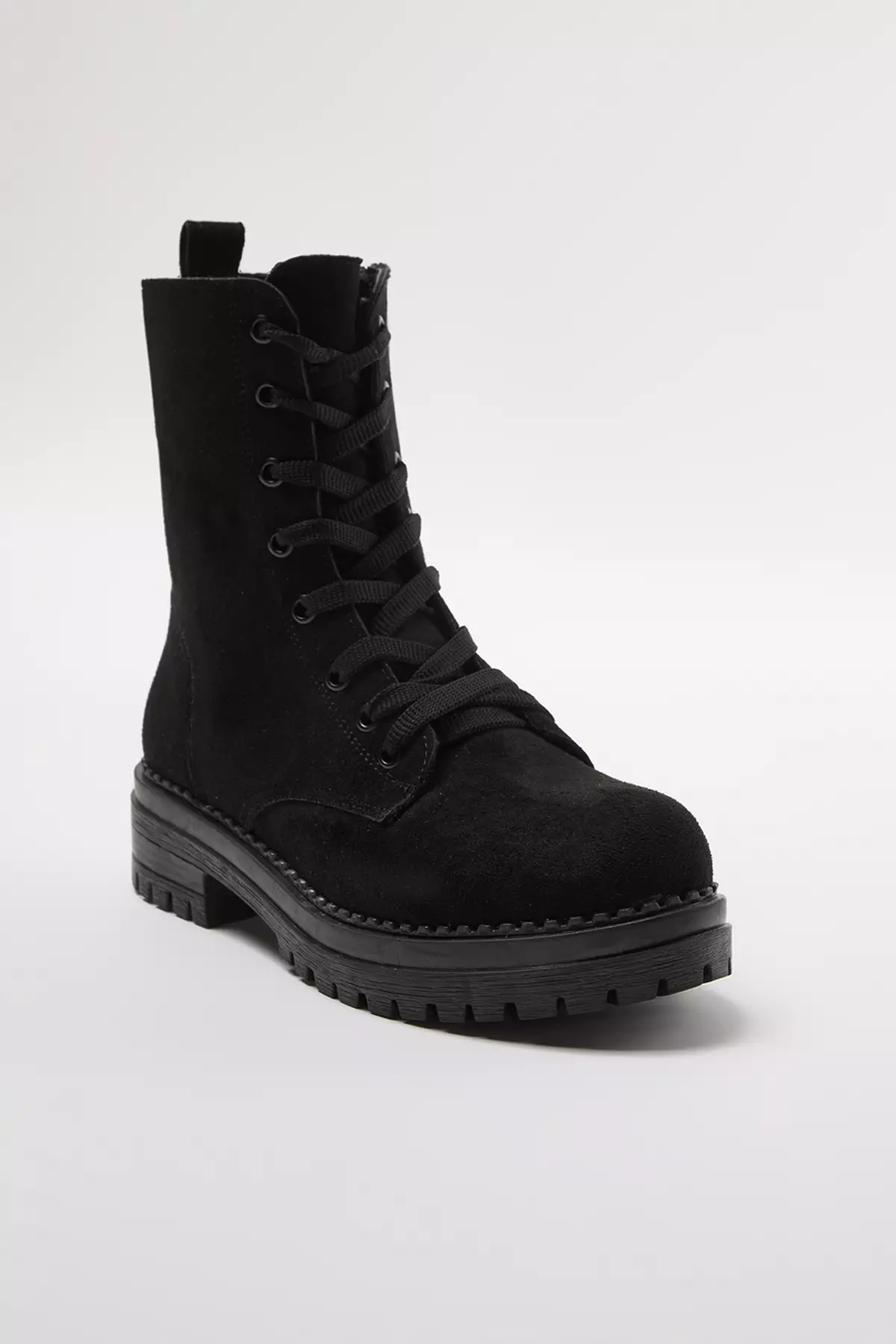 Black Suede Lace-Up And Zip-Up Short Flat Women's Boots Takaw25Bo00026