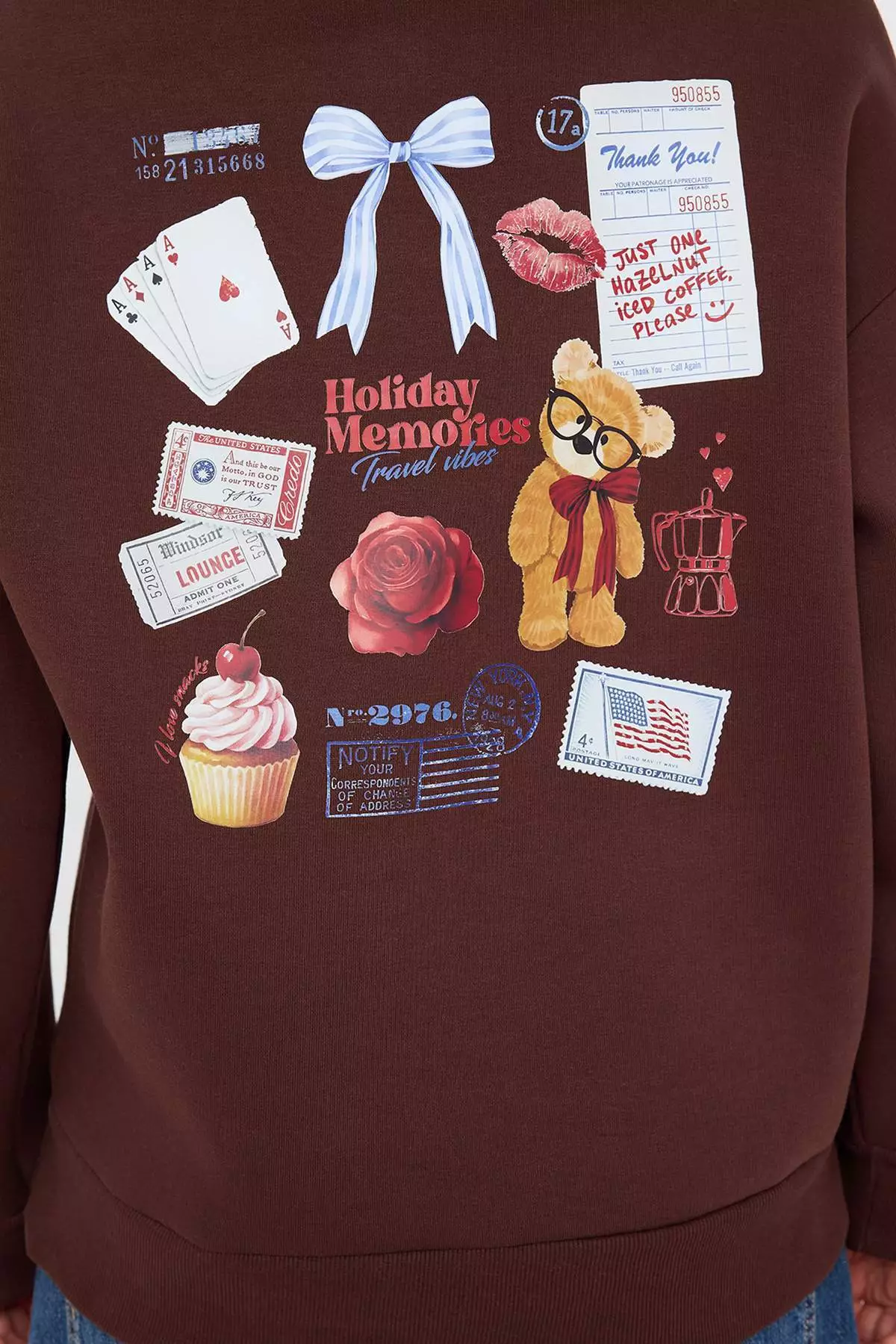 Teen Brown Back Printed Oversize Pattern Hooded Polar Fleece Knitted Sweatshirt