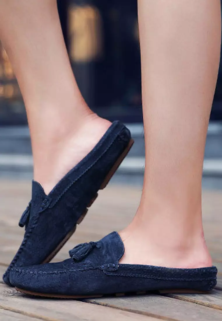 Ergonomic pigskin fringed half slippers