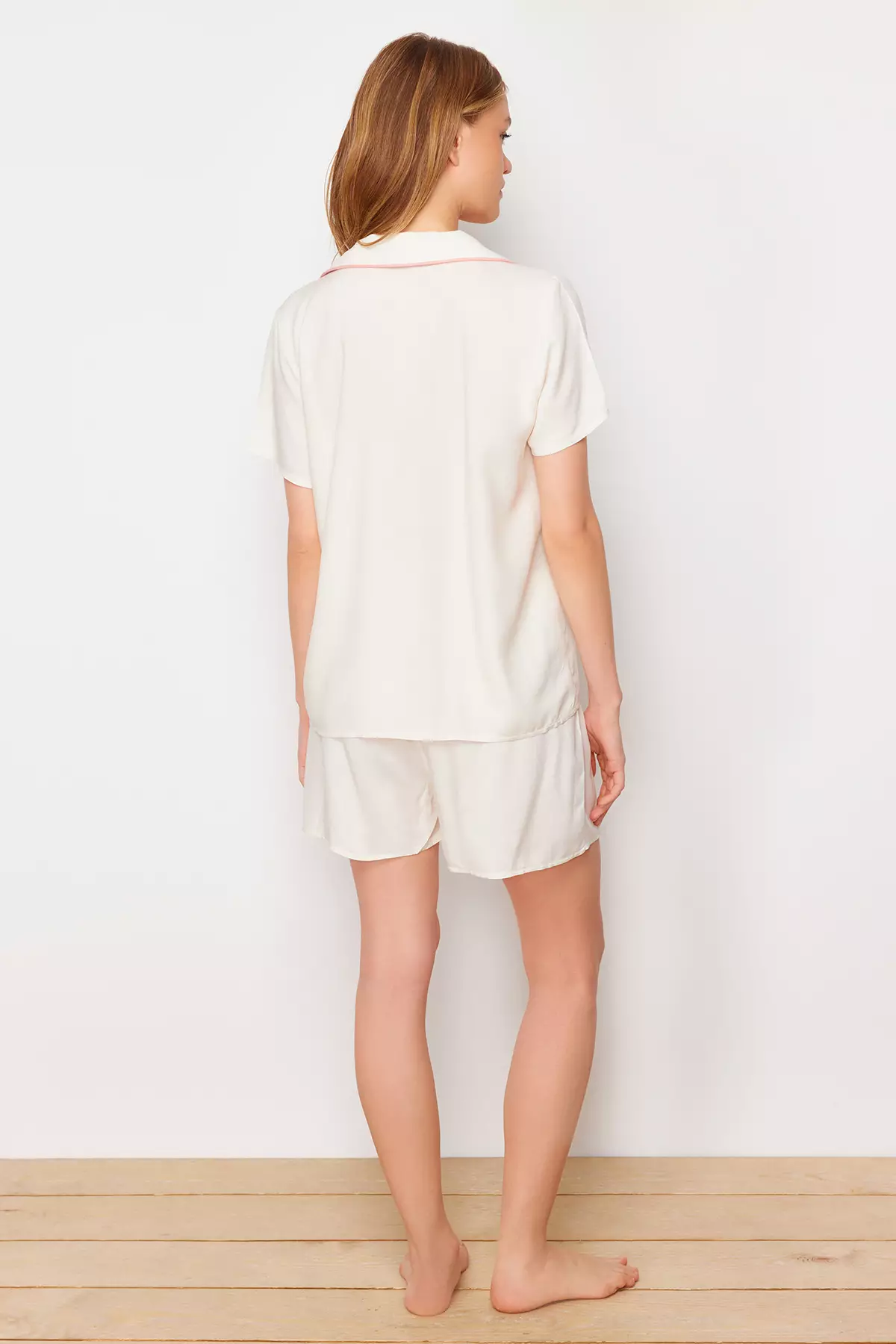 White Ribbon/Bow and Piping Detailed Viscose Shorts Woven Pajama Set THMSS24PT00290