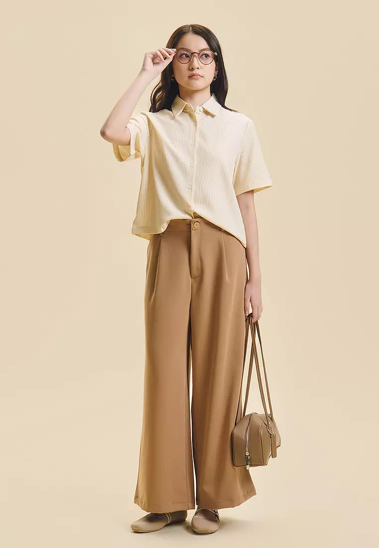 Dress Code Short Sleeve Striped Relaxed Button Down Top