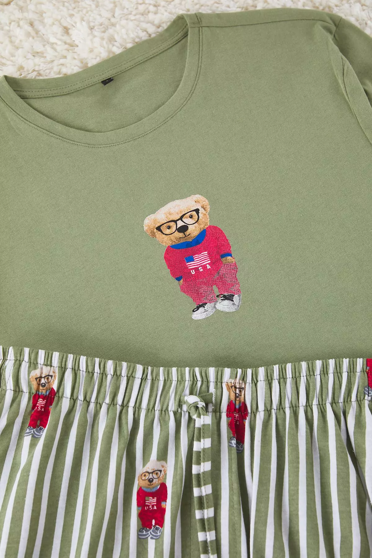 Khaki Regular Fit Printed Knitted Shorts Pajama Set TMNSS24PT00034