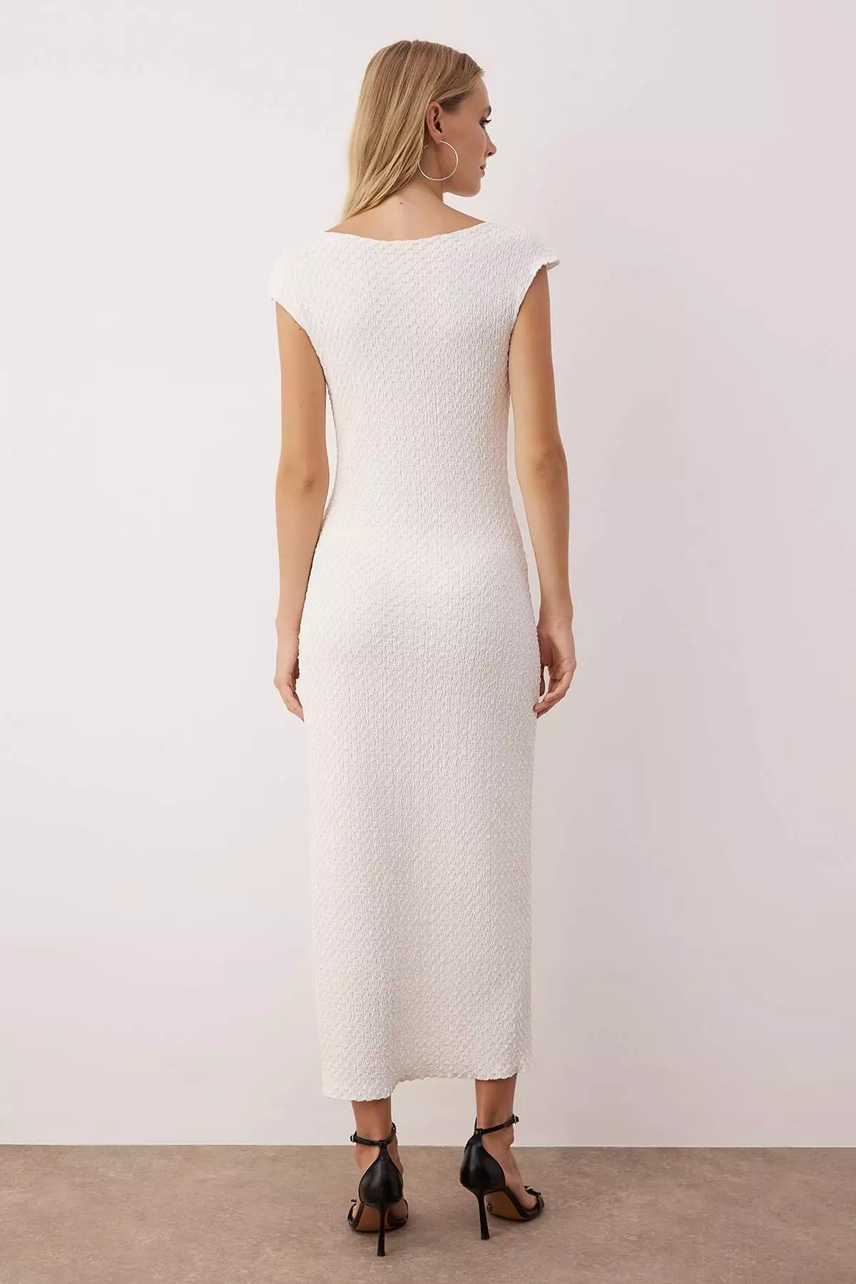 Ecru Textured Fabric Fitted/Fits The Body Moon Sleeve Flexible Knitted Midi Pencil Dress