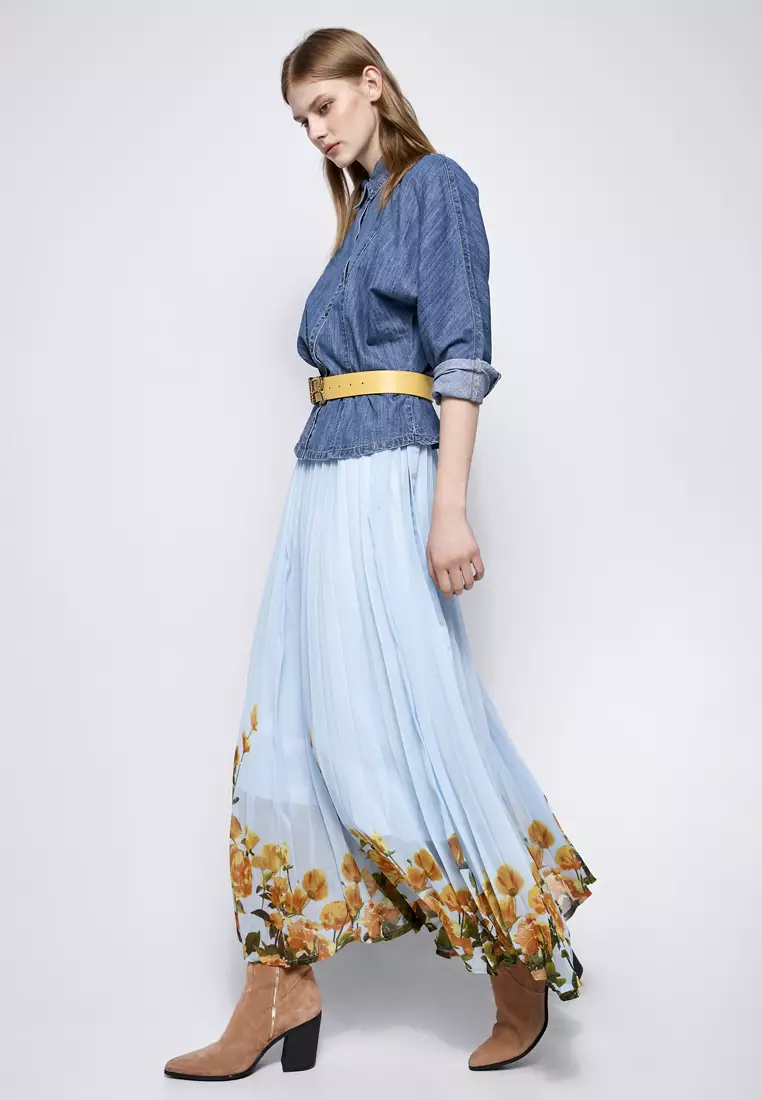 Blue Pleated Chiffon Skirt With Contrast Floral Print