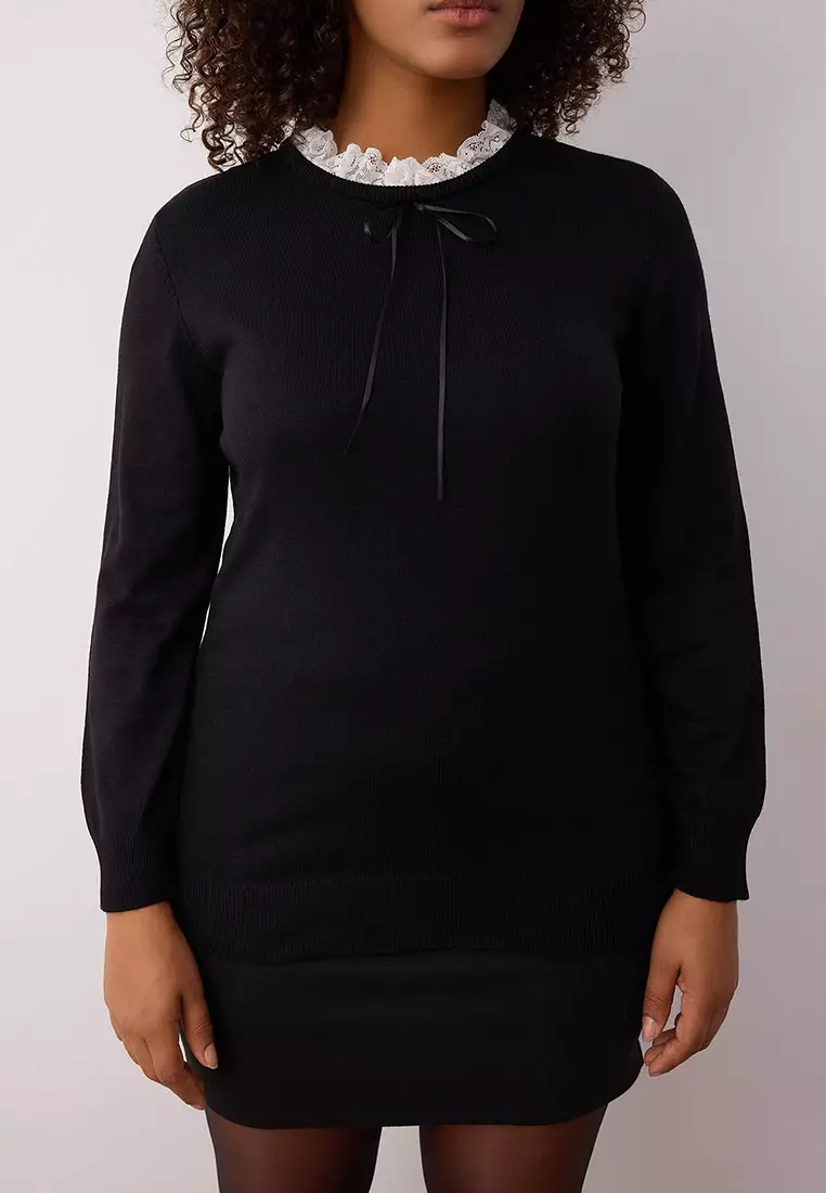 Black Lace Collar And Ribbon/Bow Detail Thin Knitwear Sweater Tbbaw26An00019
