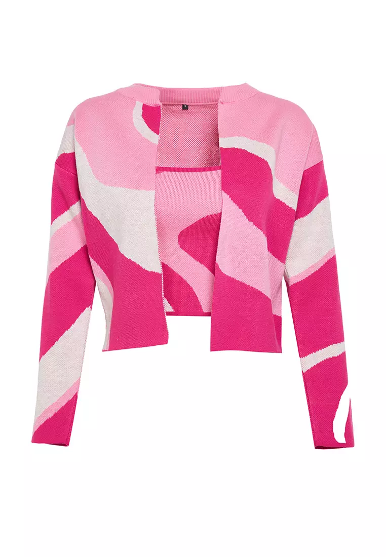 Colorblock Print Cardigan & Tank Top Set