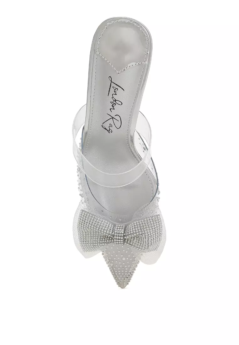 Embellished Bow Kitten Heels in Silver