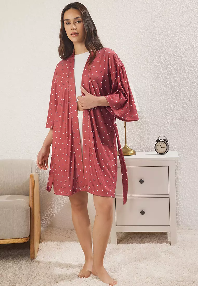 Red Belted Heart Ribbed Knitting Dressing Gown Thmss25Sb00004