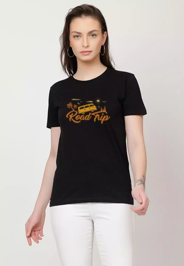 公路旅行休闲短袖时尚黑色棉质休闲图案印花 T 恤/T 恤