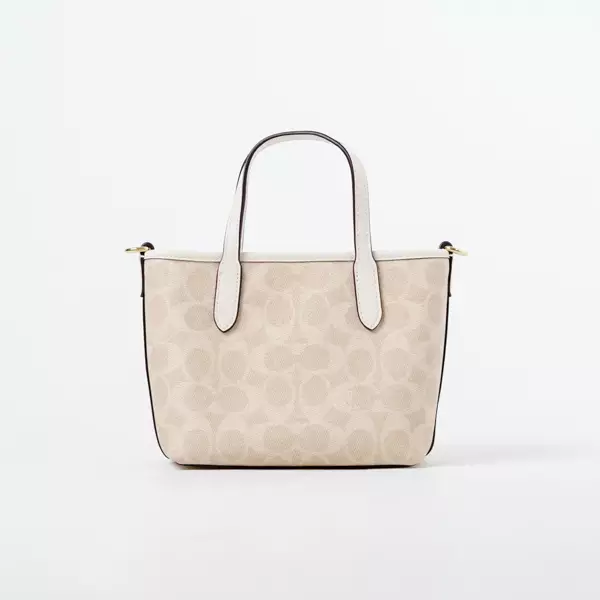 Tas COACH MONOGRAM IVORY WHITE BEIGE MINI ZIP TOTE BAG WITH LS 100% ORIGINAL