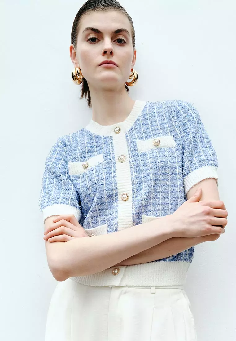 Short Sleeve Tweed Knit Cardigan