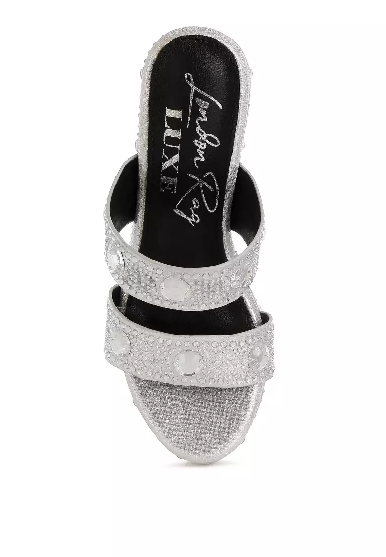 Rhinestone & Diamante Wedge Sandals in Silver