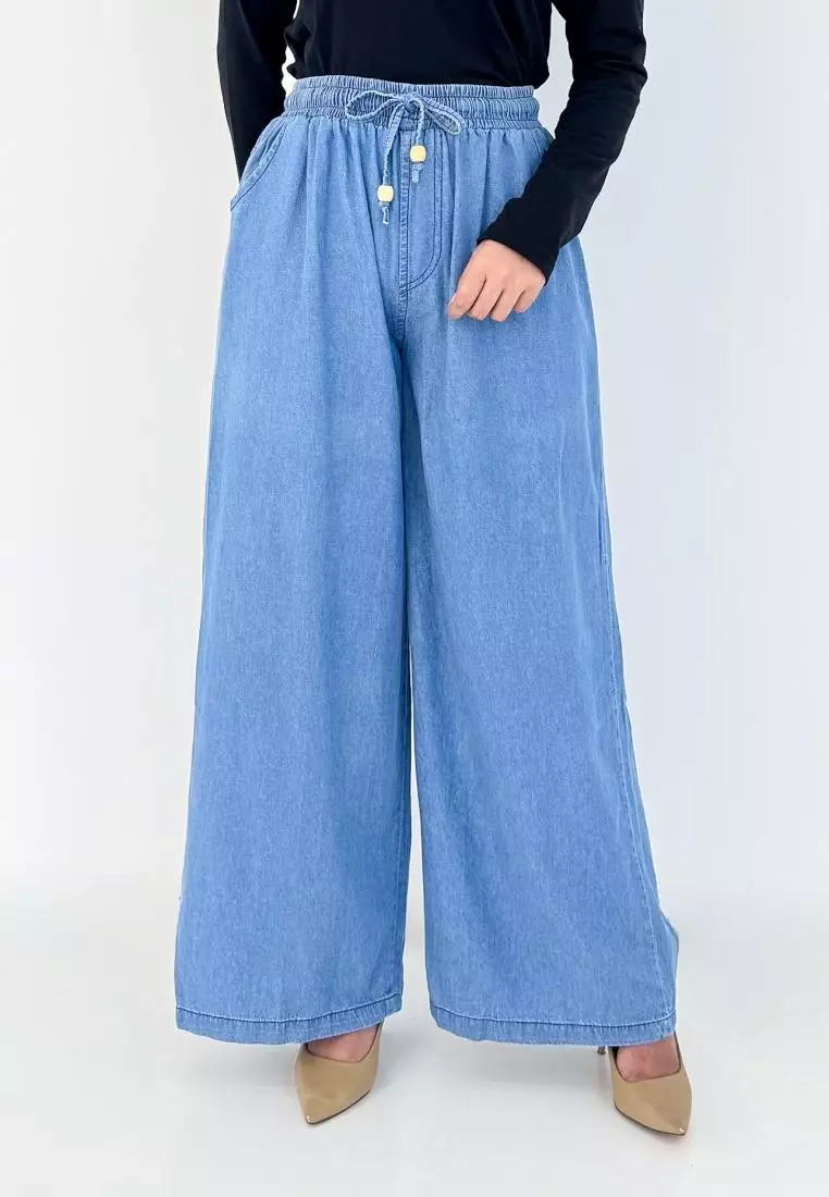 LEZAHRASIGNATURE Palazzo Emily - Celana Panjang Kulot Denim Wanita - Biru Muda