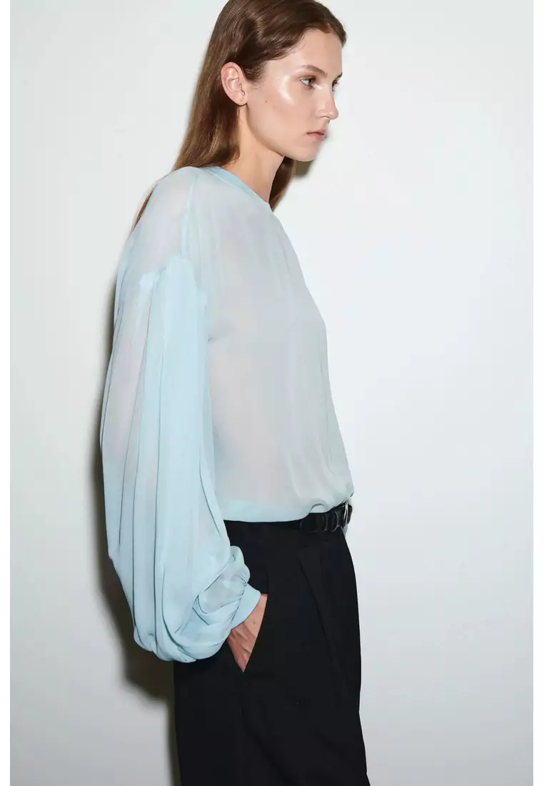 SHEER BALLOON-SLEEVE BLOUSE