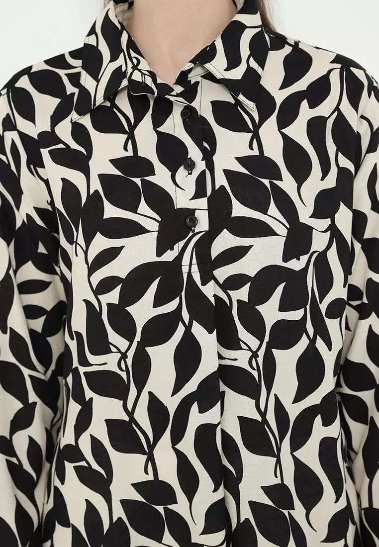 Shirt Linen Combination Cream Floral Black Arlette By Brilliant Girl Warna Cream