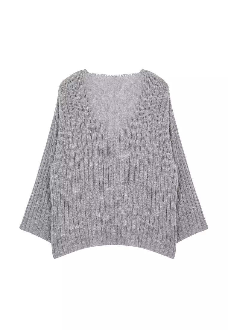 Gray V-Neck Ribbed Knitwear Sweater Tbbaw25An00023