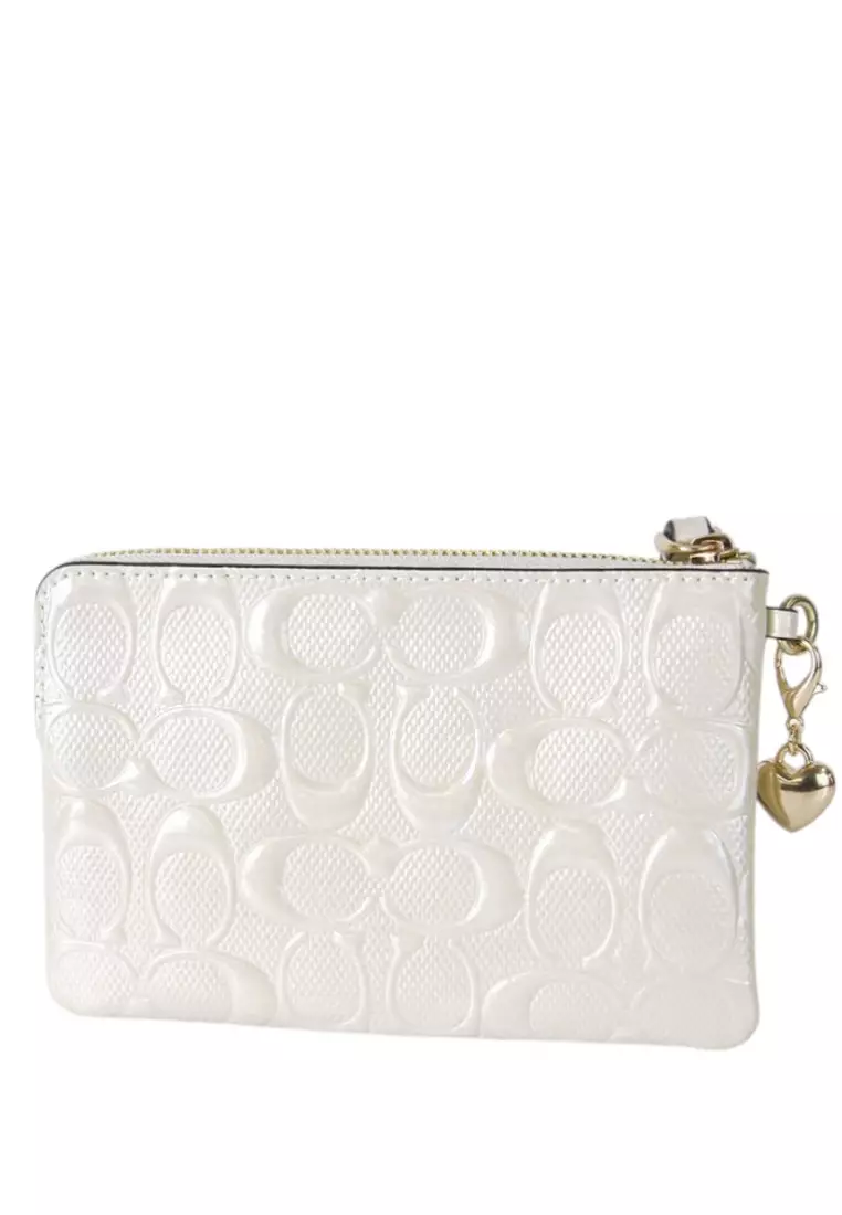 Corner Zip Wristlet In Signature Leather With Heart Charm - White