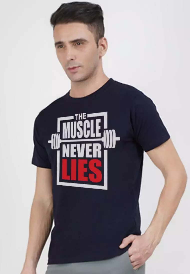 Muscle Never Lies 海军蓝色棉混纺短袖锻炼/训练 T 恤