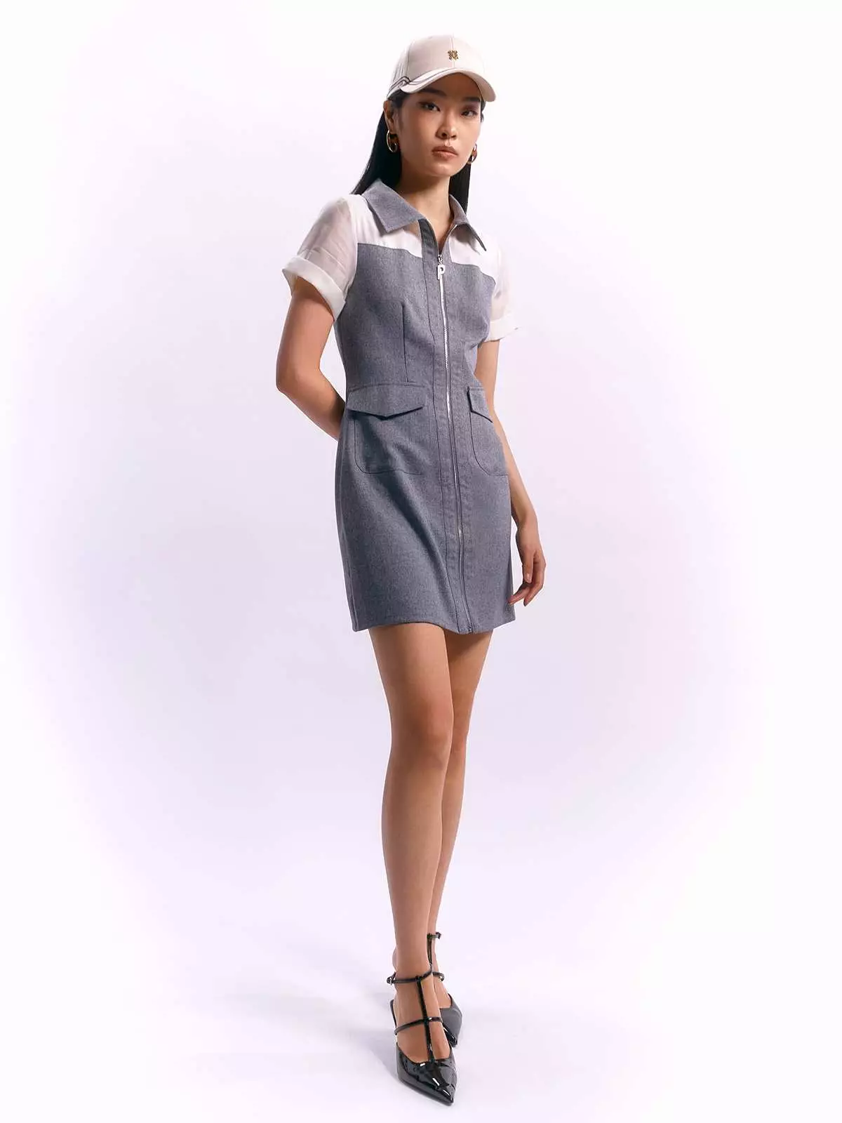 Two Tone Short-Sleeve Shirt Dress with Front Zipper - Mid Grey