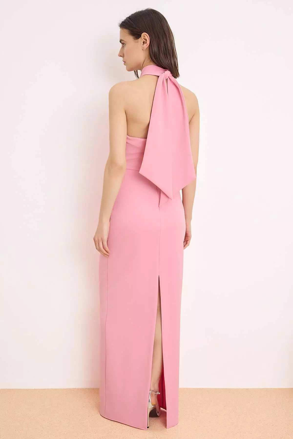 Dusty Rose Plain Straight Cut Rose Detailed Woven Finike Maxi Evening Dress & Graduation Dress