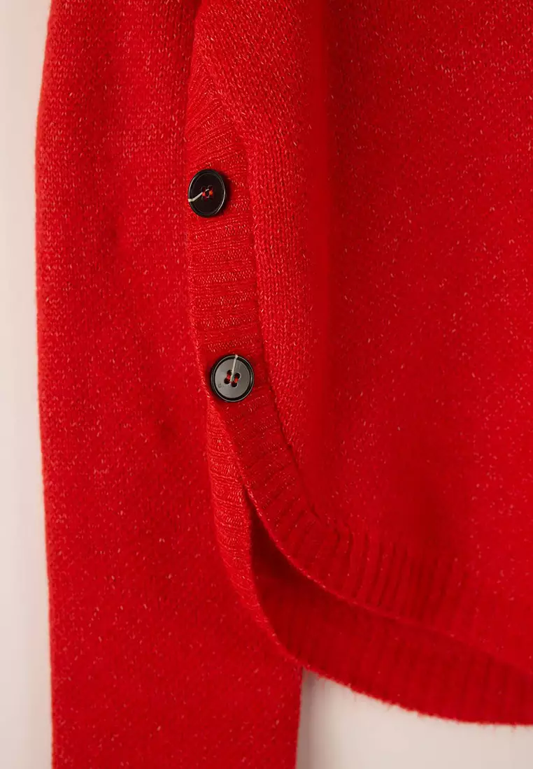 Red Wide Fit Soft Textured Button Detailed Knitwear Sweater