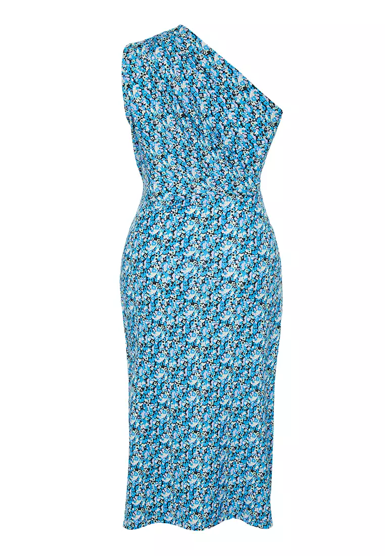 Plus Size One Shoulder Slit Ruched Midi Dress