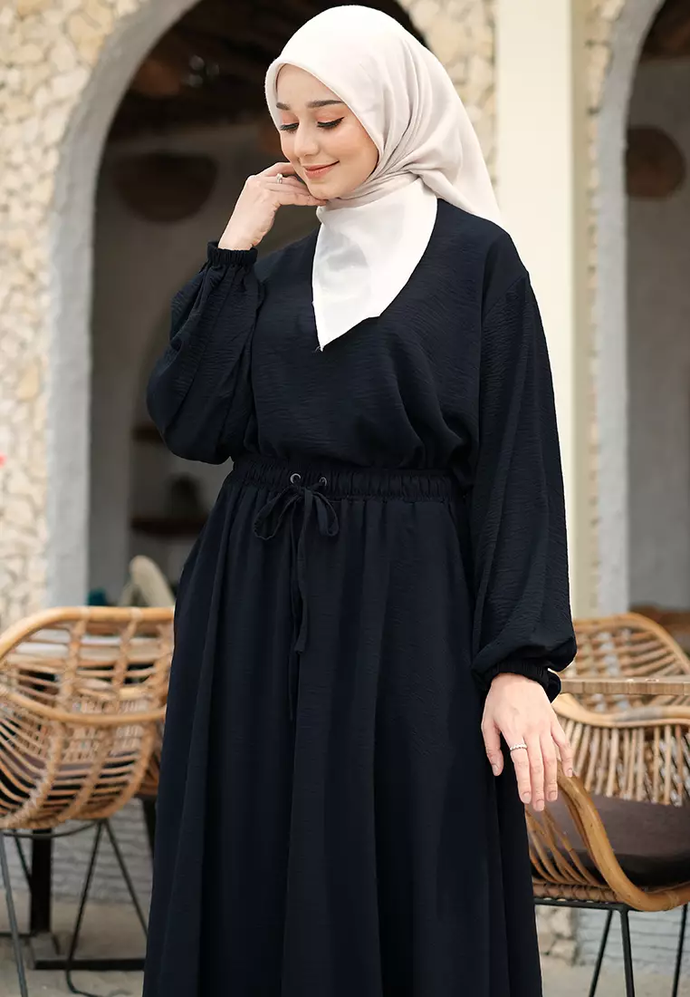 JV Hasanah Set Rok Baju Kurung Selena Black | Setelan Rok Crinkle Jumbo Busui