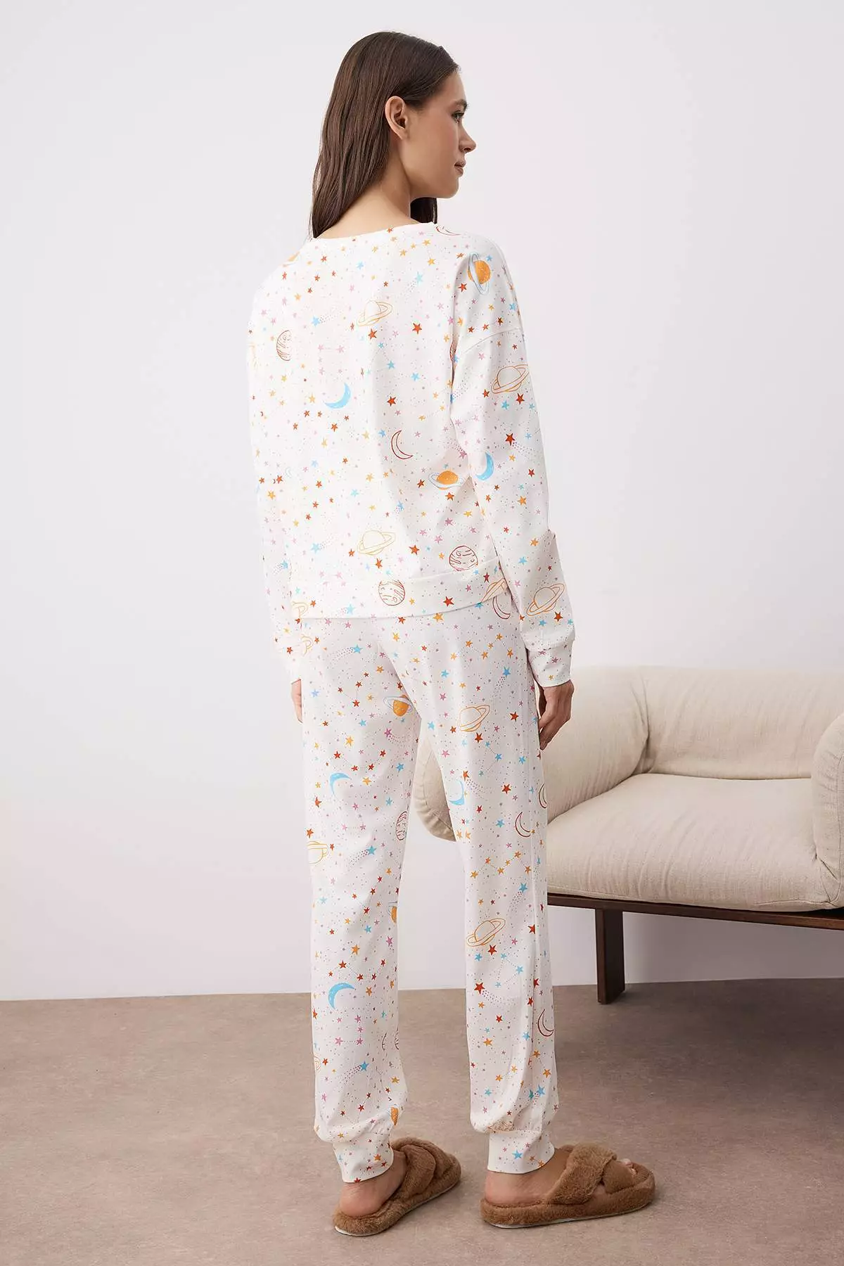 Ecru 100% Cotton Galaxy Patterned Knitted Pajama Set